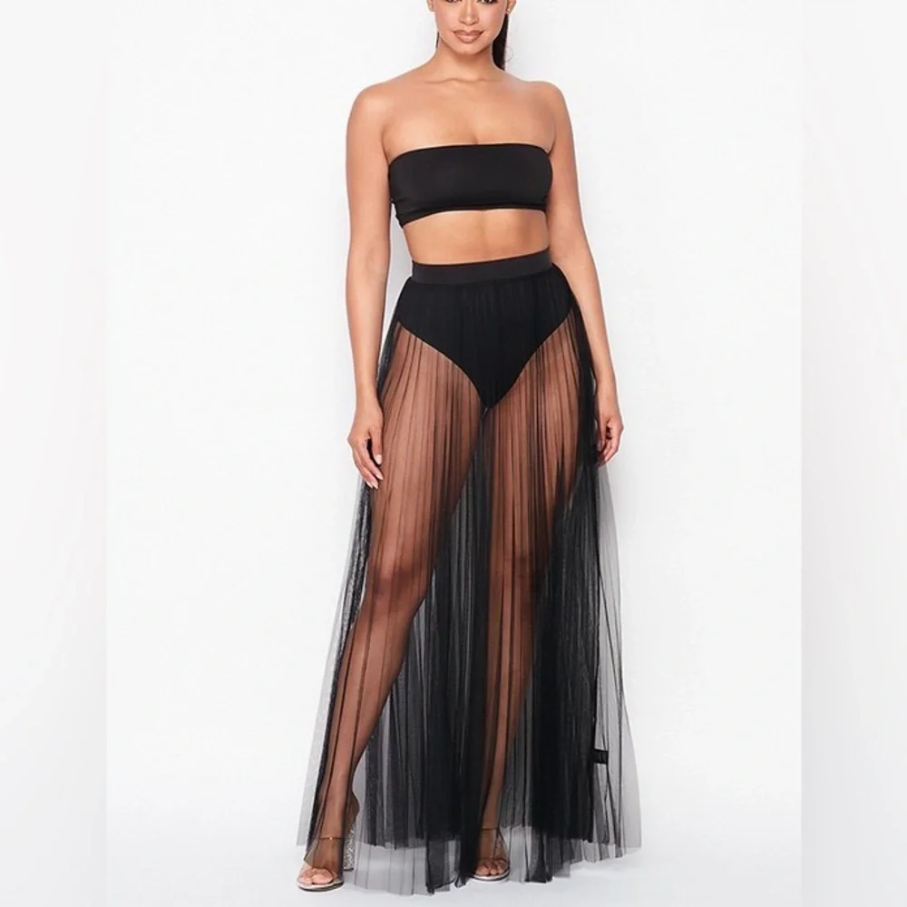 Nu Shuz Key West Black Pleated Sheer Maxi Skirt - Picture 2 of 9